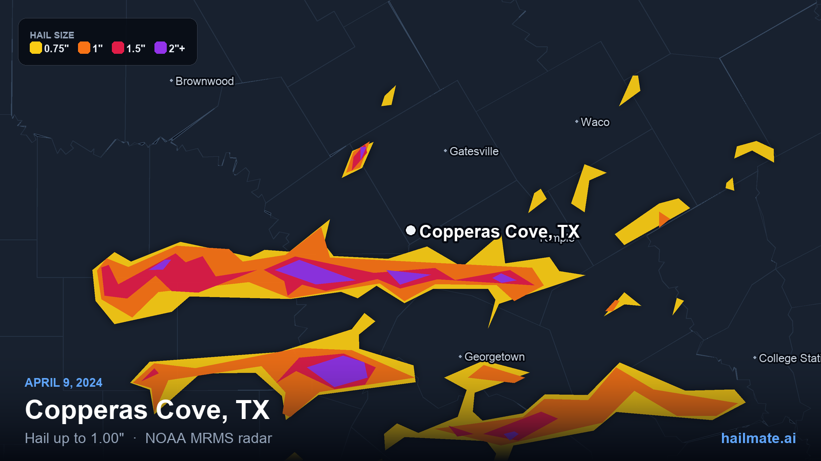 Hail swath map for Copperas Cove, TX on April 9, 2024 showing 1.00 inch hail.