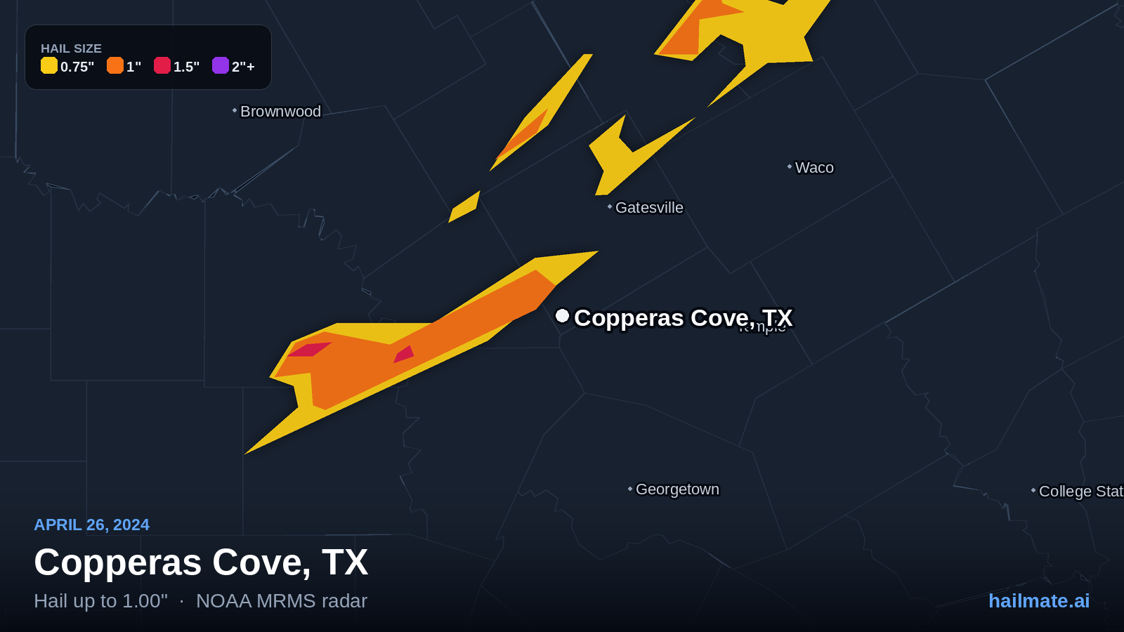 Hail swath map for Copperas Cove, TX on April 26, 2024 showing 1.00 inch hail.
