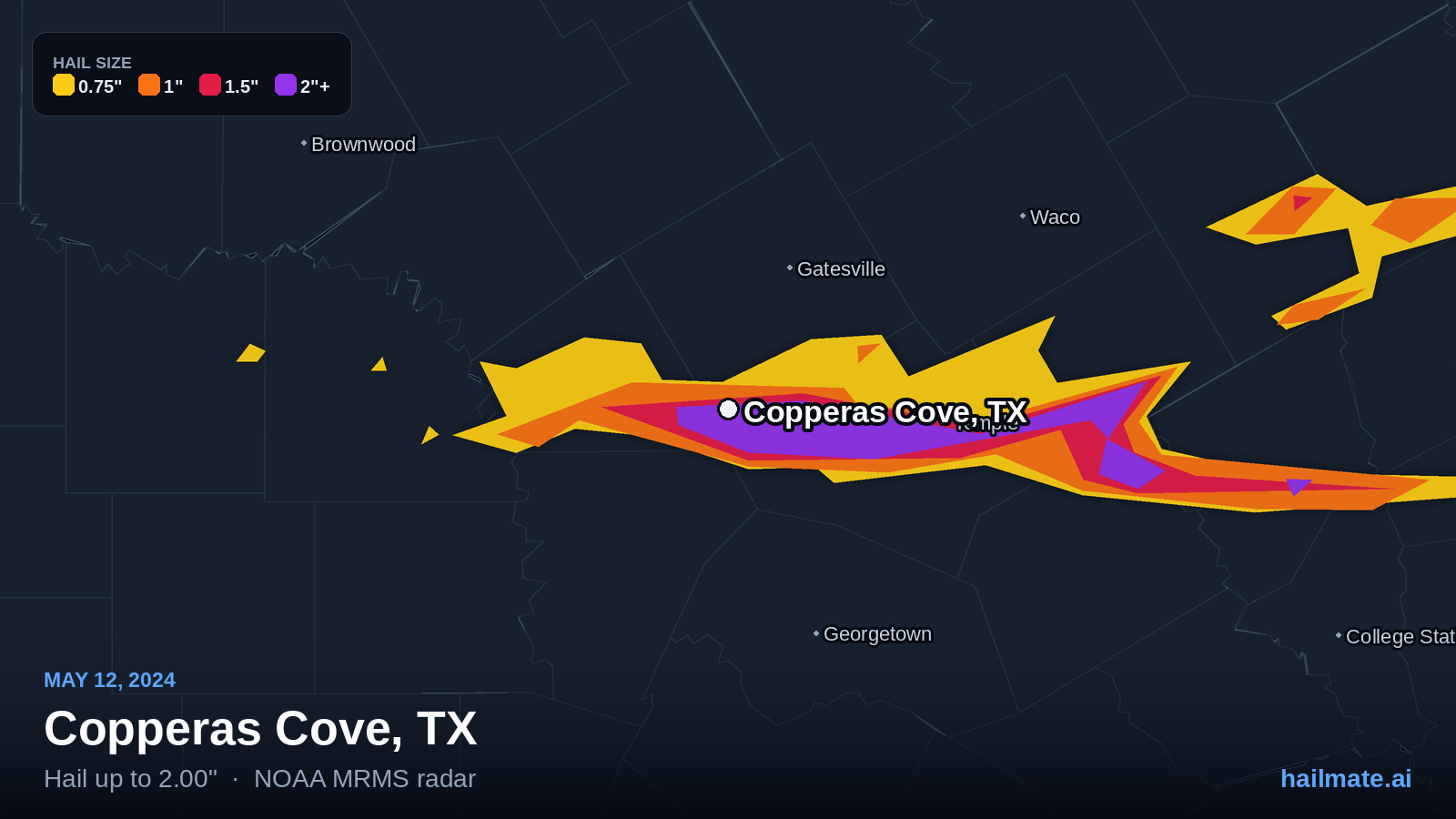 Hail swath map for Copperas Cove, TX on May 12, 2024 showing 2.00 inch hail.