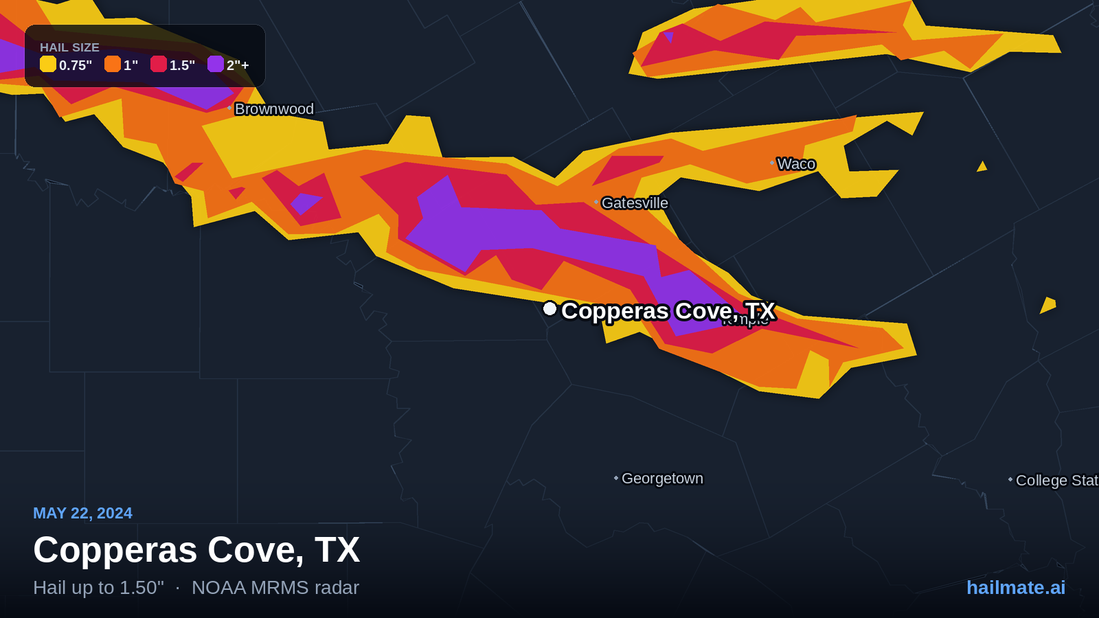 Hail swath map for Copperas Cove, TX on May 22, 2024 showing 1.50 inch hail.