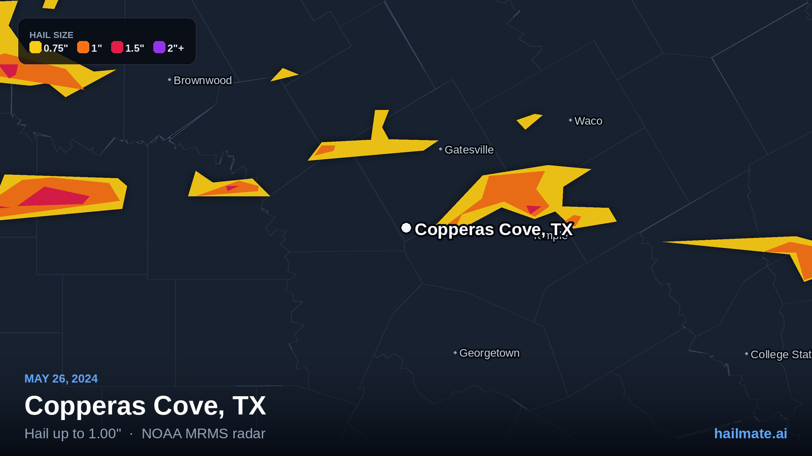 Hail swath map for Copperas Cove, TX on May 26, 2024 showing 1.00 inch hail.