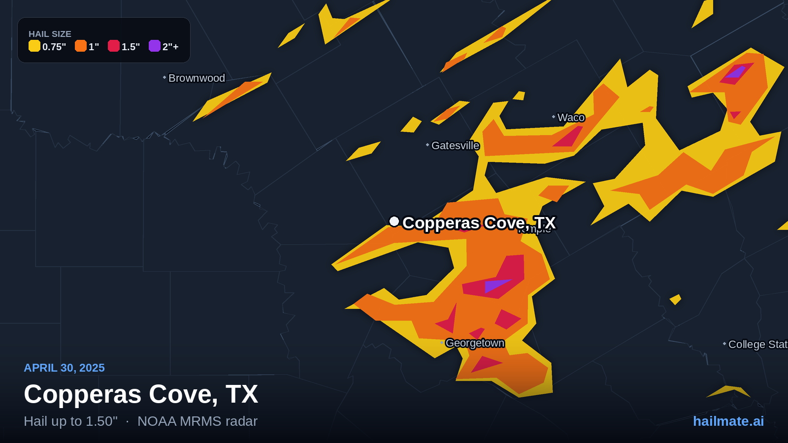 Hail swath map for Copperas Cove, TX on April 30, 2025 showing 1.50 inch hail.