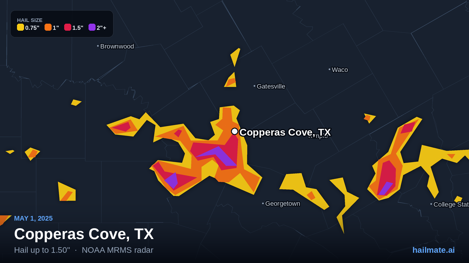 Hail swath map for Copperas Cove, TX on May 1, 2025 showing 1.50 inch hail.