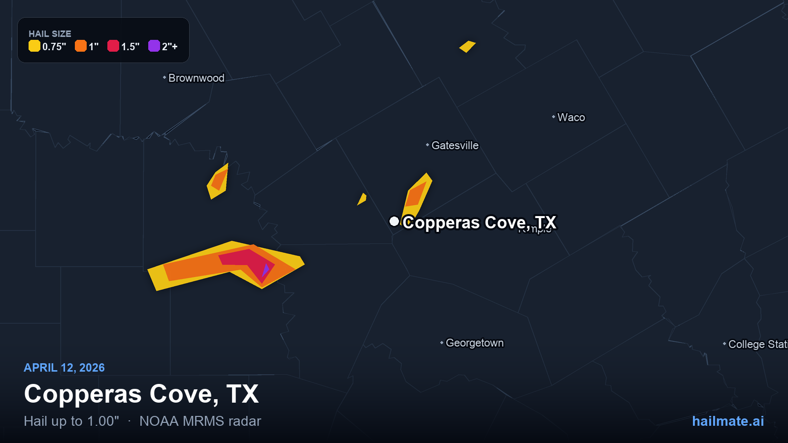 Hail swath map for Copperas Cove, TX on April 12, 2026 showing 1.00 inch hail.