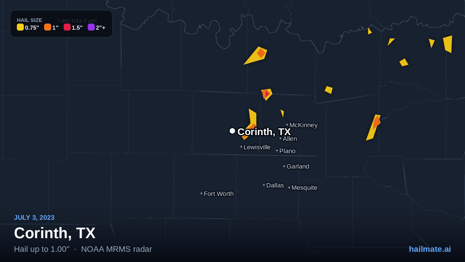 Hail swath map for Corinth, TX on July 3, 2023 showing 1.00 inch hail.