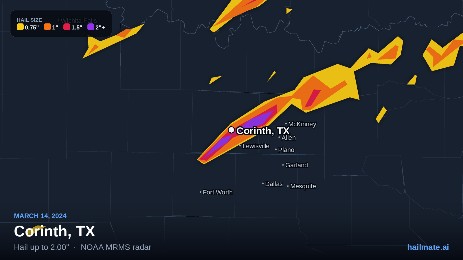 Hail swath map for Corinth, TX on March 14, 2024 showing 2.00 inch hail.