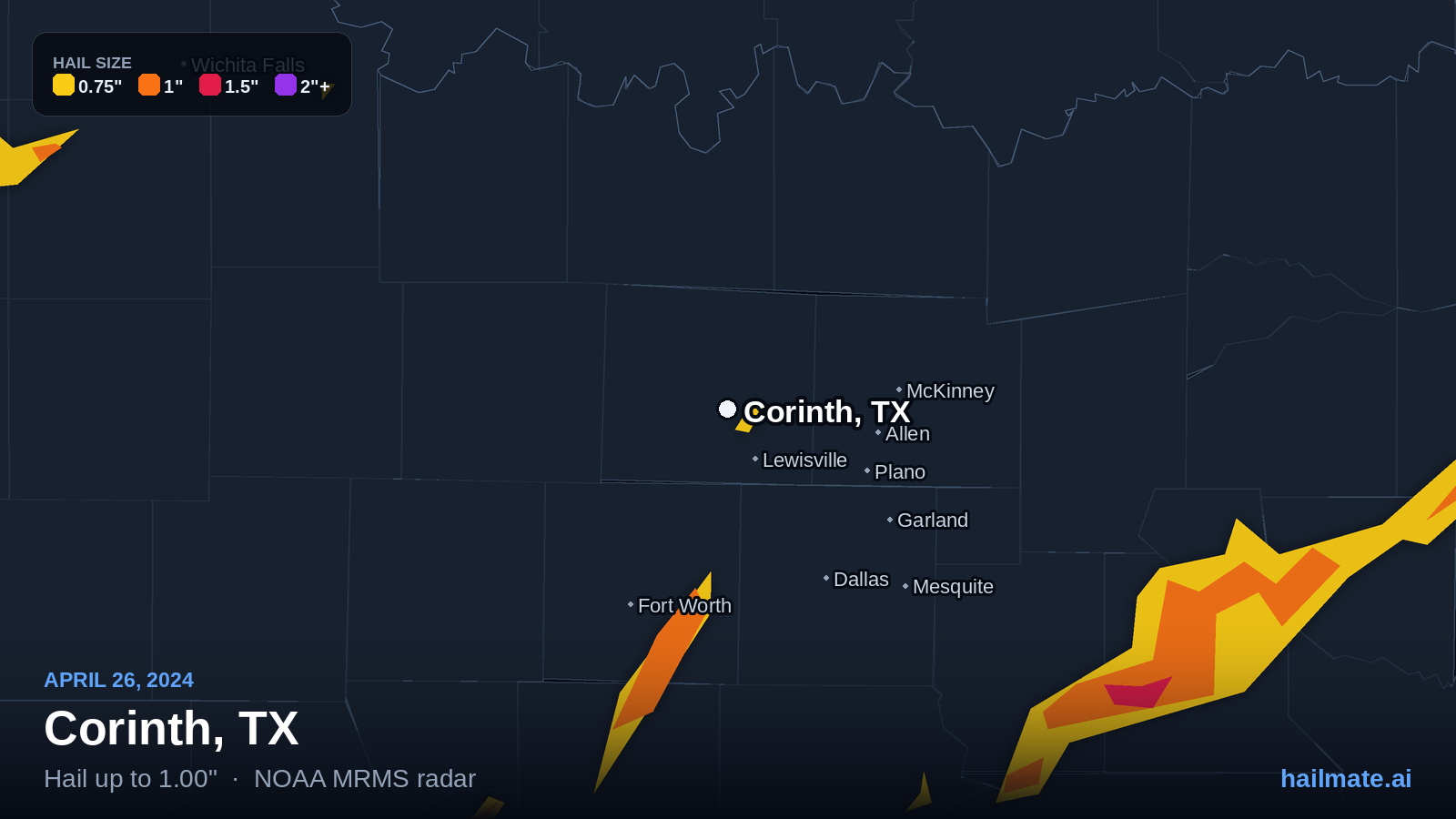 Hail swath map for Corinth, TX on April 26, 2024 showing 1.00 inch hail.