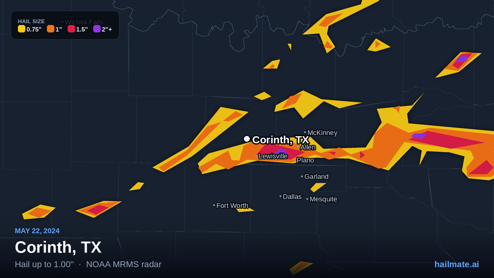 Hail swath map for Corinth, TX on May 22, 2024 showing 1.00 inch hail.