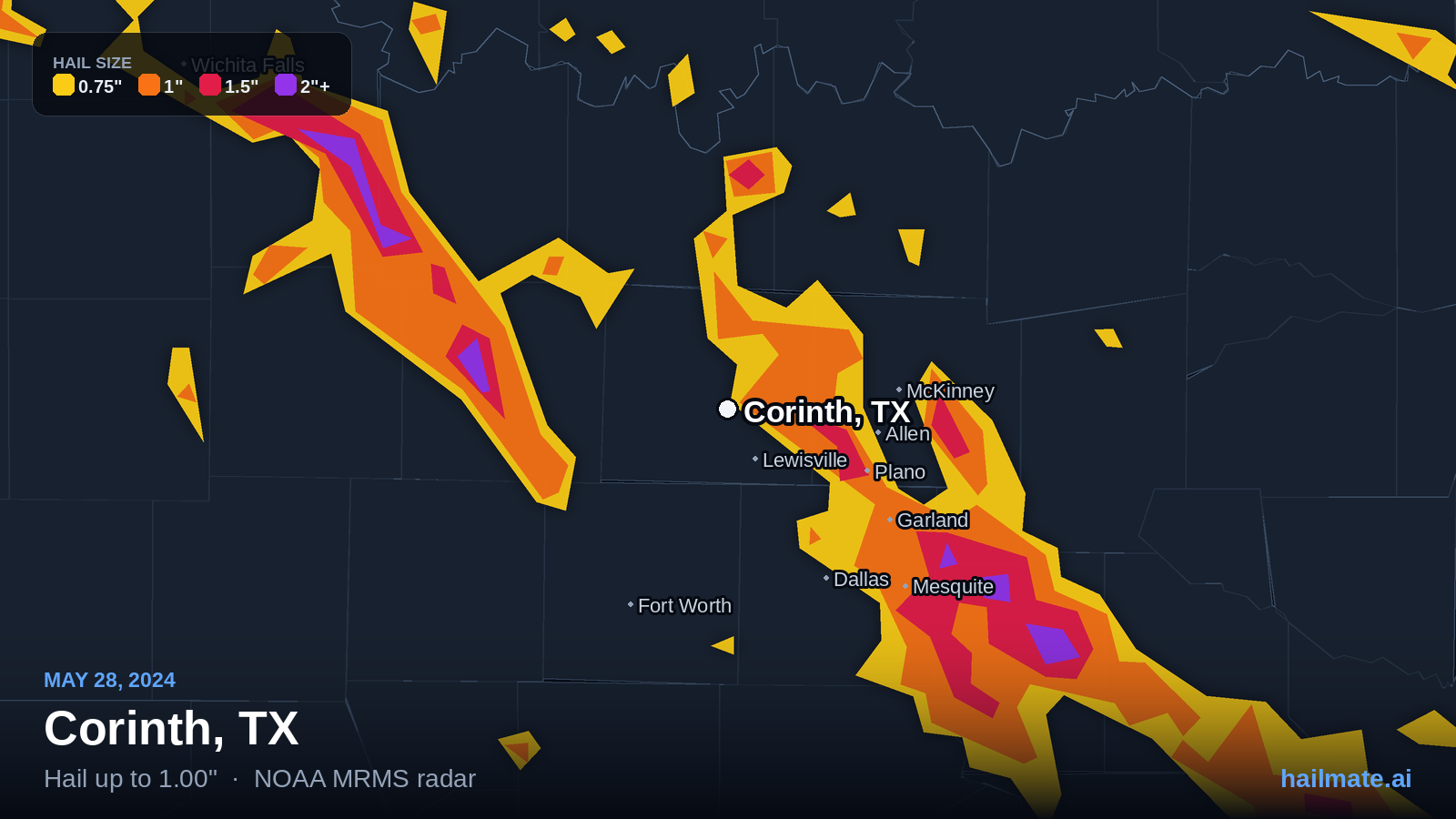 Hail swath map for Corinth, TX on May 28, 2024 showing 1.00 inch hail.