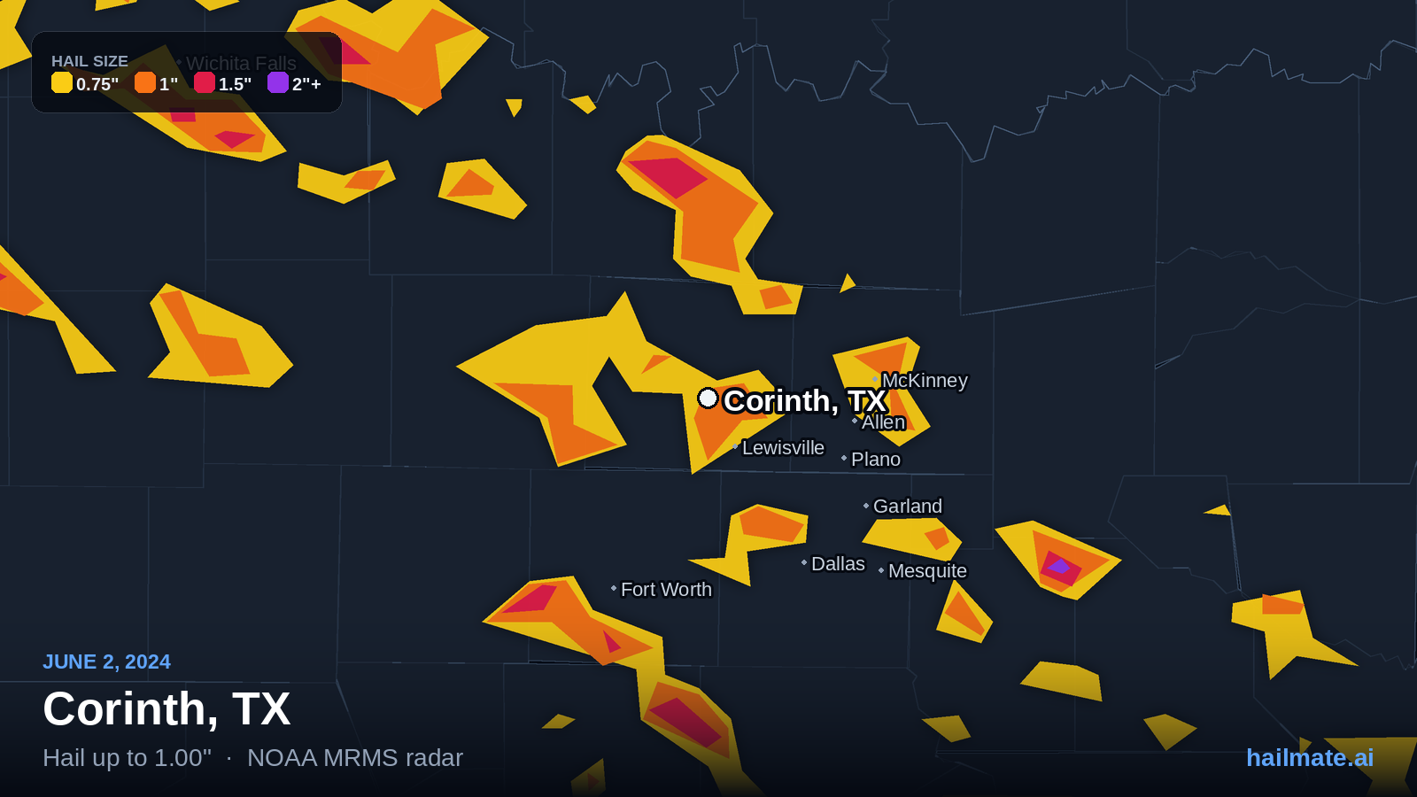 Hail swath map for Corinth, TX on June 2, 2024 showing 1.00 inch hail.