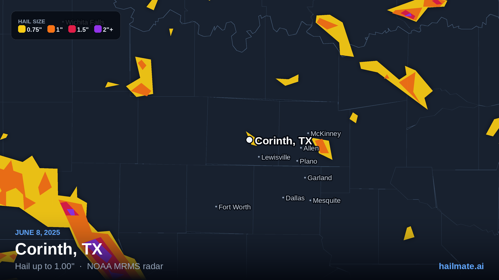 Hail swath map for Corinth, TX on June 8, 2025 showing 1.00 inch hail.