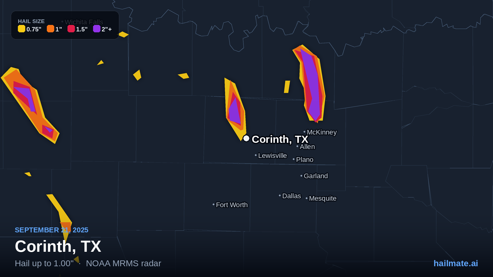 Hail swath map for Corinth, TX on September 21, 2025 showing 1.00 inch hail.