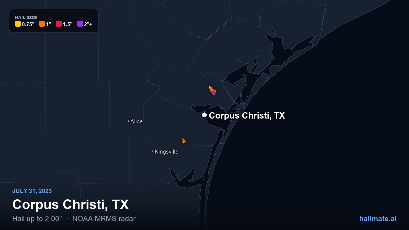 Hail swath map for Corpus Christi, TX on July 31, 2023 showing 2.00 inch hail.