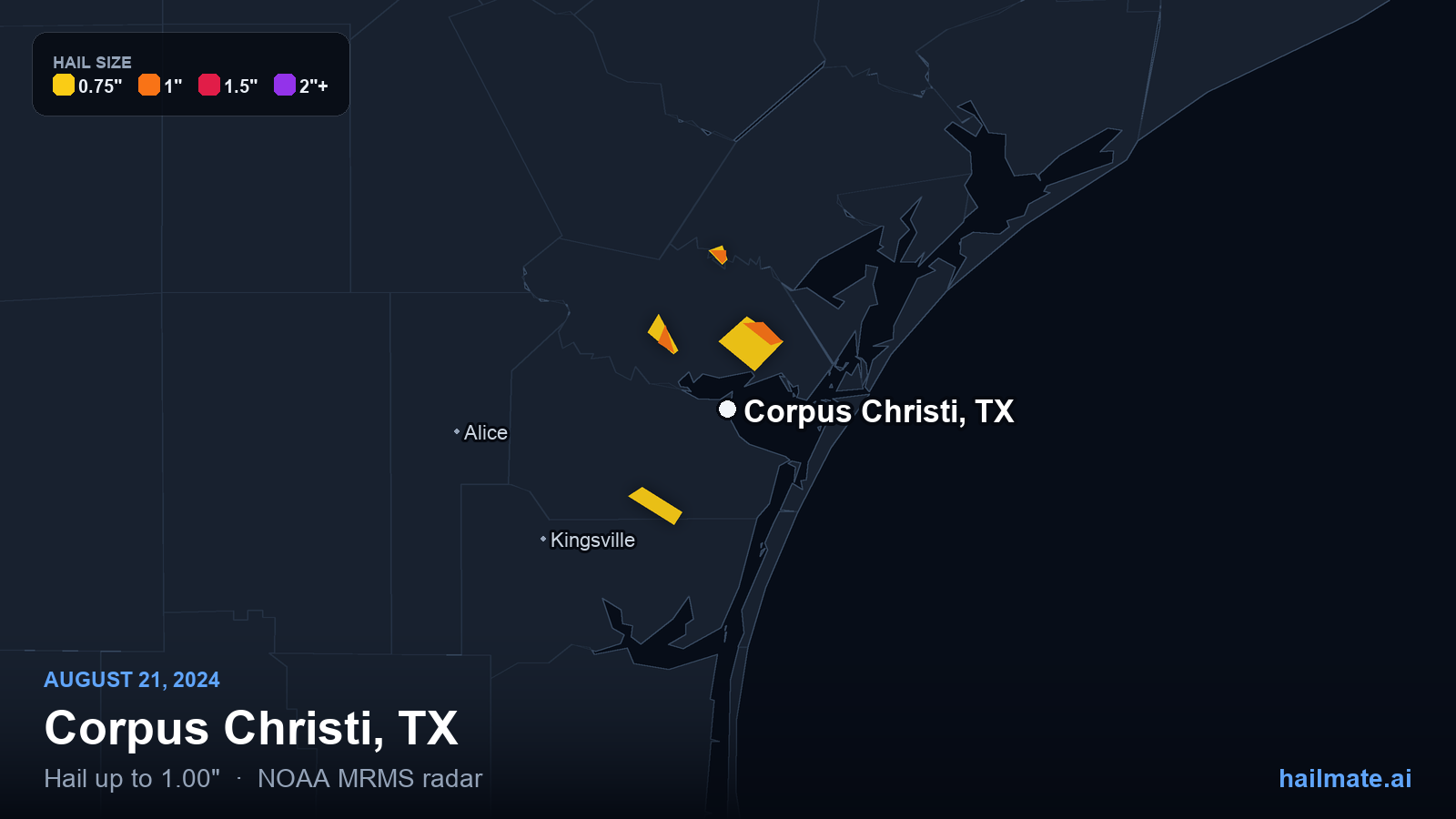 Hail swath map for Corpus Christi, TX on August 21, 2024 showing 1.00 inch hail.