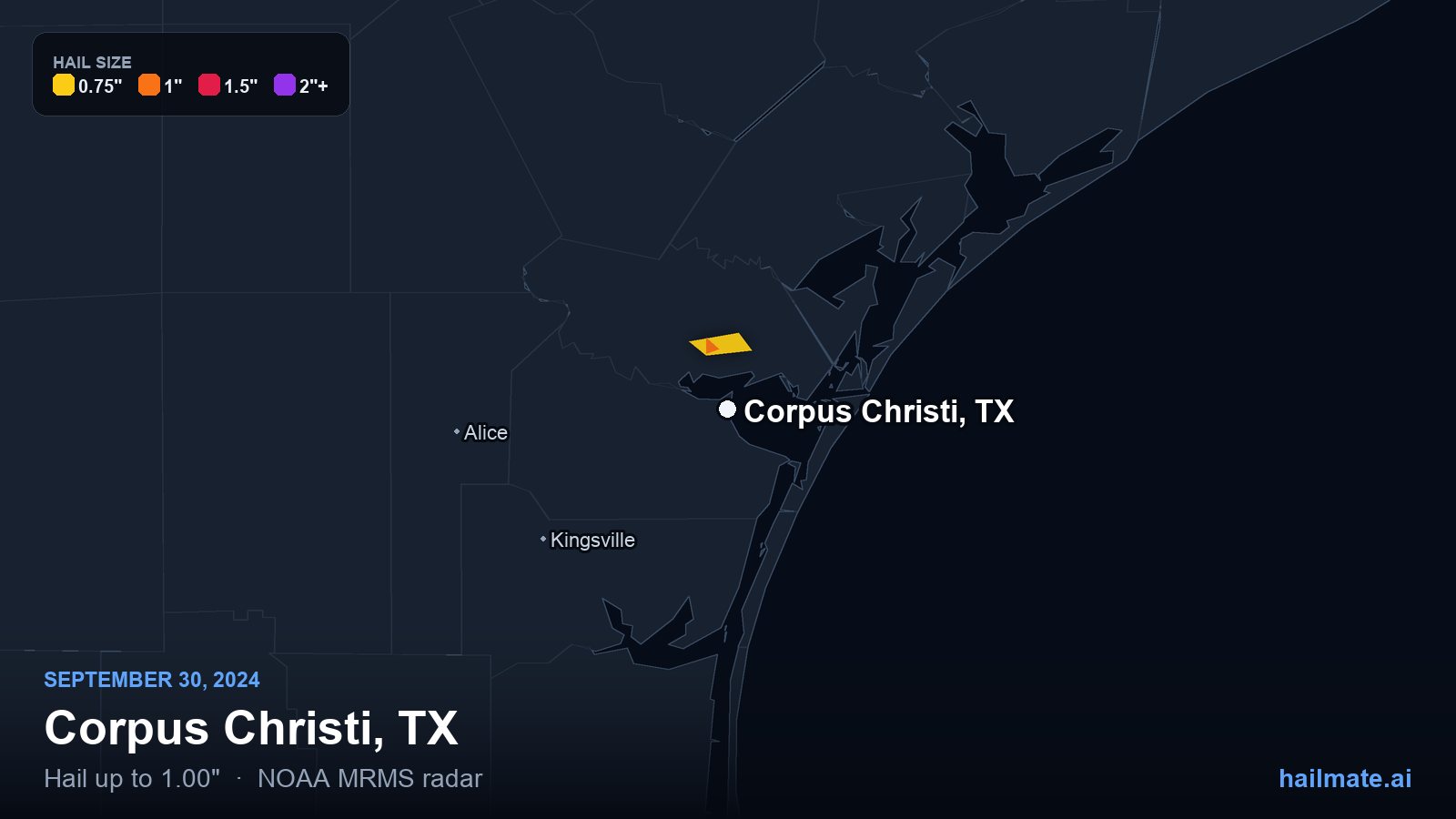 Hail swath map for Corpus Christi, TX on September 30, 2024 showing 1.00 inch hail.