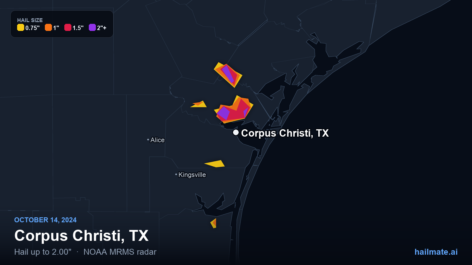 Hail swath map for Corpus Christi, TX on October 14, 2024 showing 2.00 inch hail.