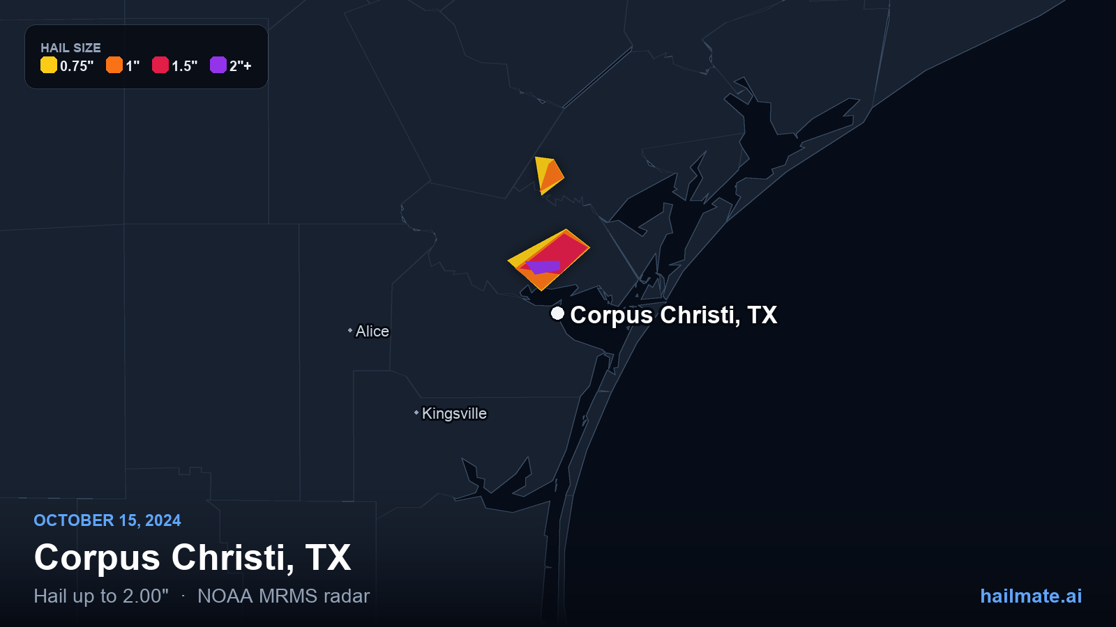 Hail swath map for Corpus Christi, TX on October 15, 2024 showing 2.00 inch hail.