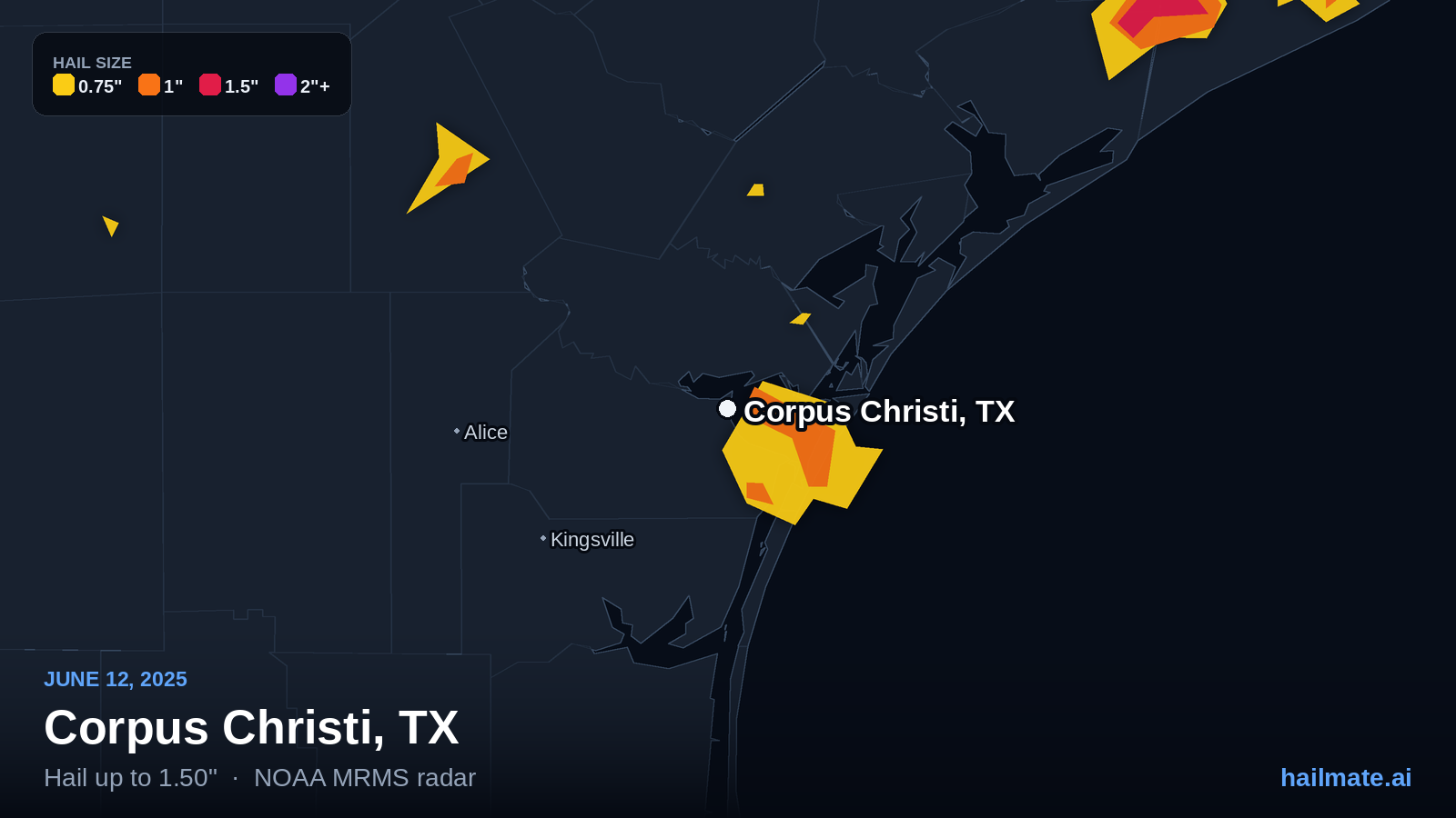 Hail swath map for Corpus Christi, TX on June 12, 2025 showing 1.50 inch hail.