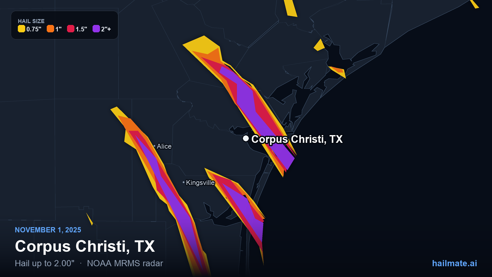 Hail swath map for Corpus Christi, TX on November 1, 2025 showing 2.00 inch hail.