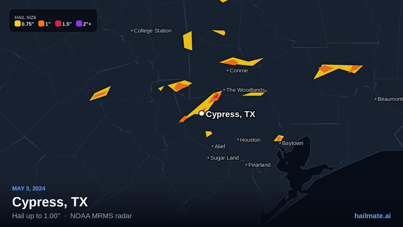 Hail swath map for Cypress, TX on May 3, 2024 showing 1.00 inch hail.