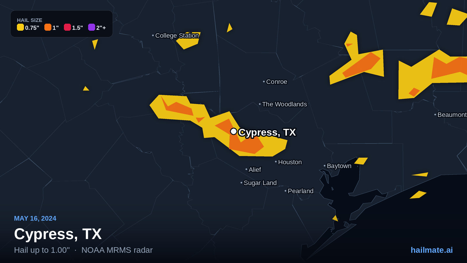 Hail swath map for Cypress, TX on May 16, 2024 showing 1.00 inch hail.