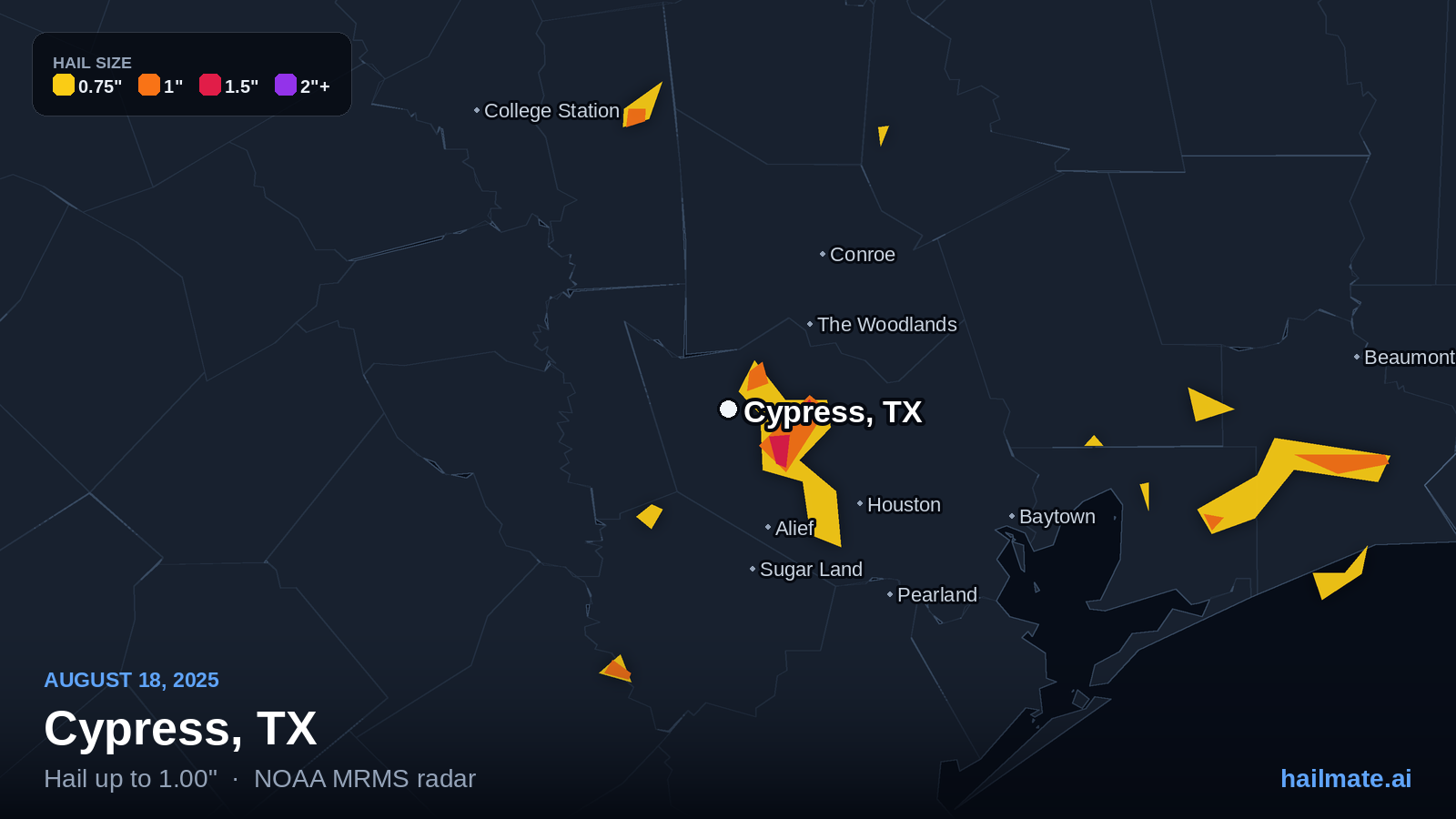Hail swath map for Cypress, TX on August 18, 2025 showing 1.00 inch hail.
