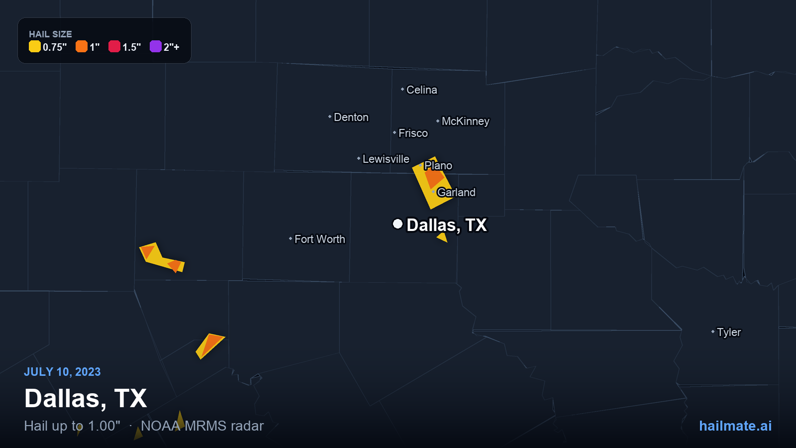 Hail swath map for Dallas, TX on July 10, 2023 showing 1.00 inch hail.