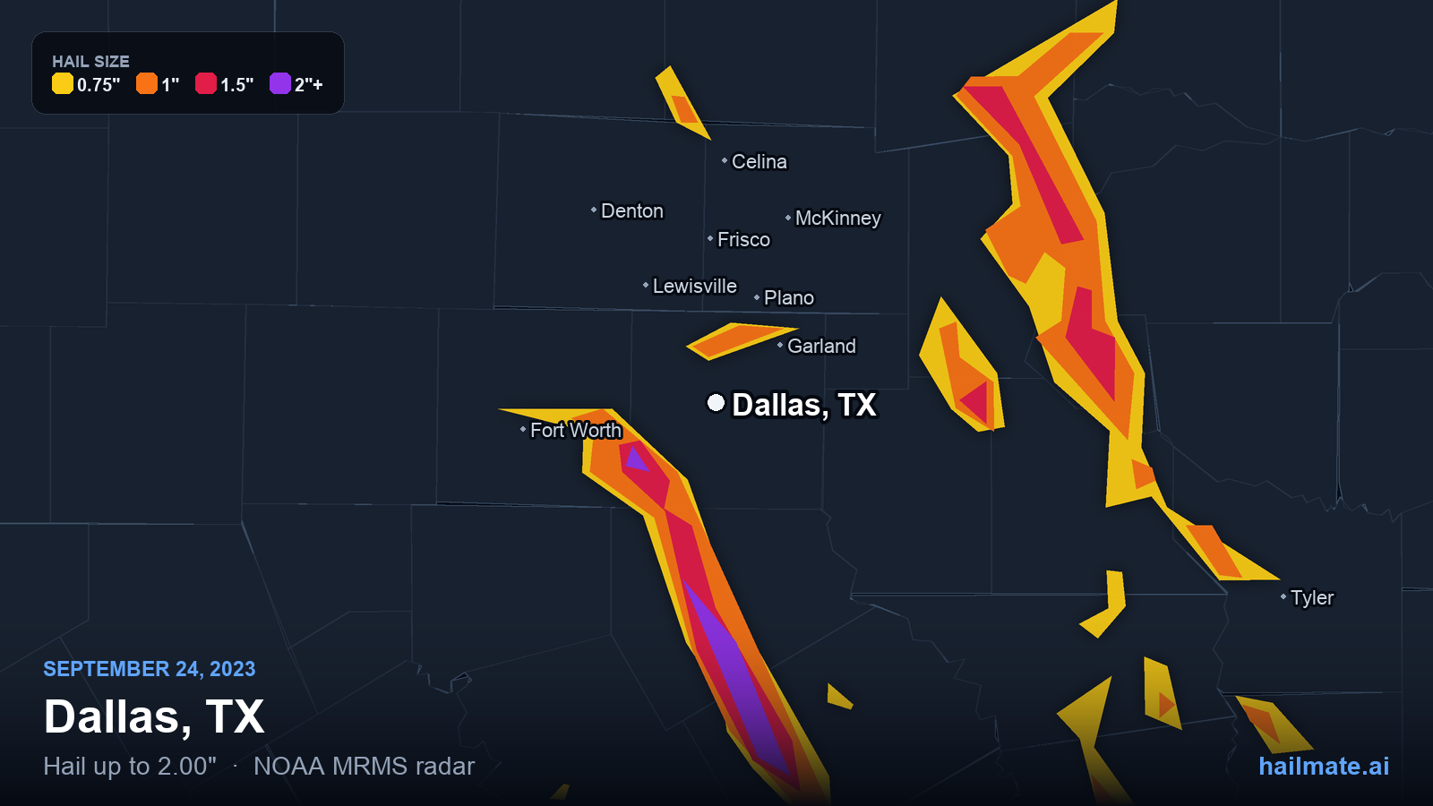 Hail swath map for Dallas, TX on September 24, 2023 showing 2.00 inch hail.