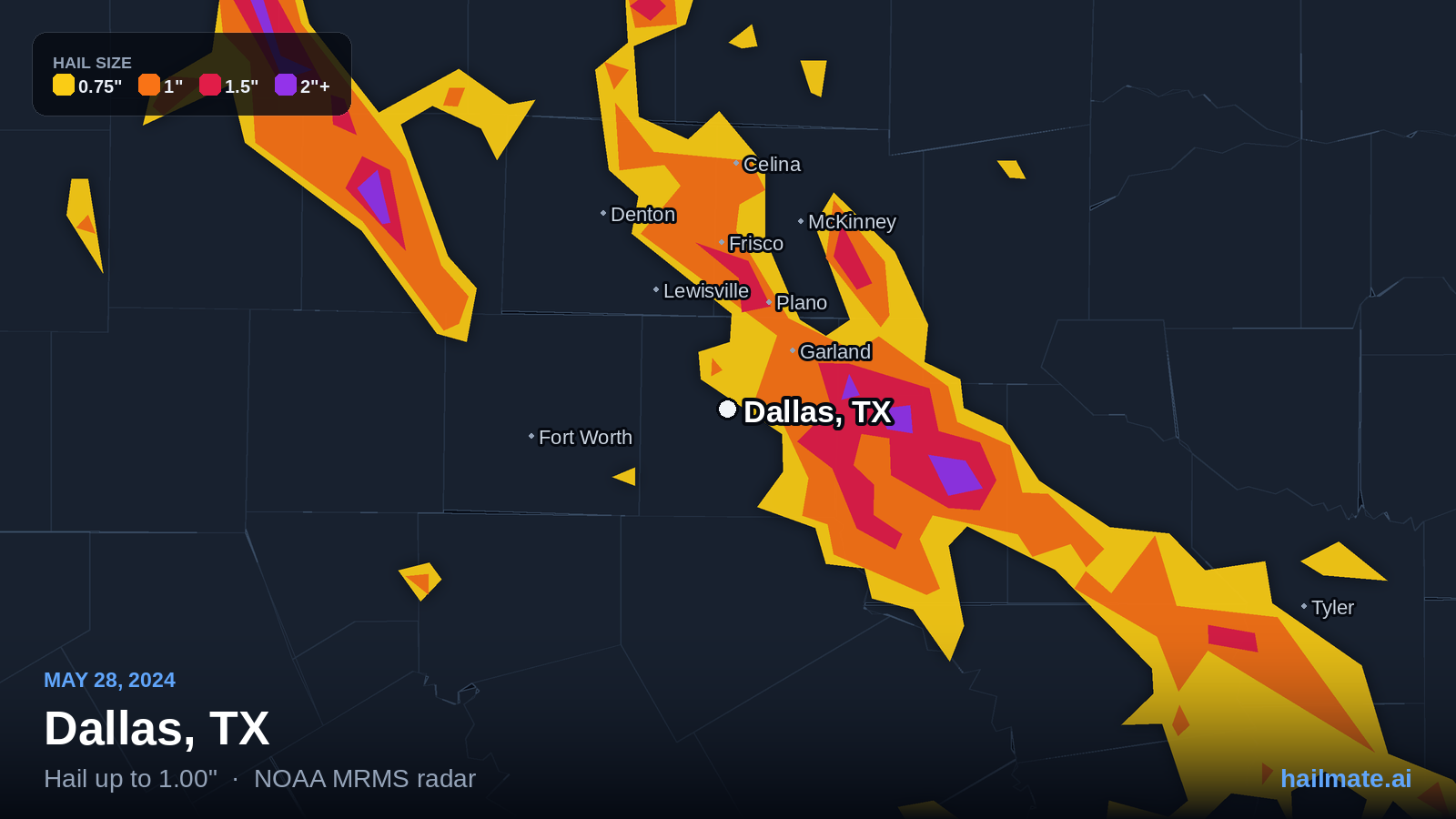 Hail swath map for Dallas, TX on May 28, 2024 showing 1.00 inch hail.