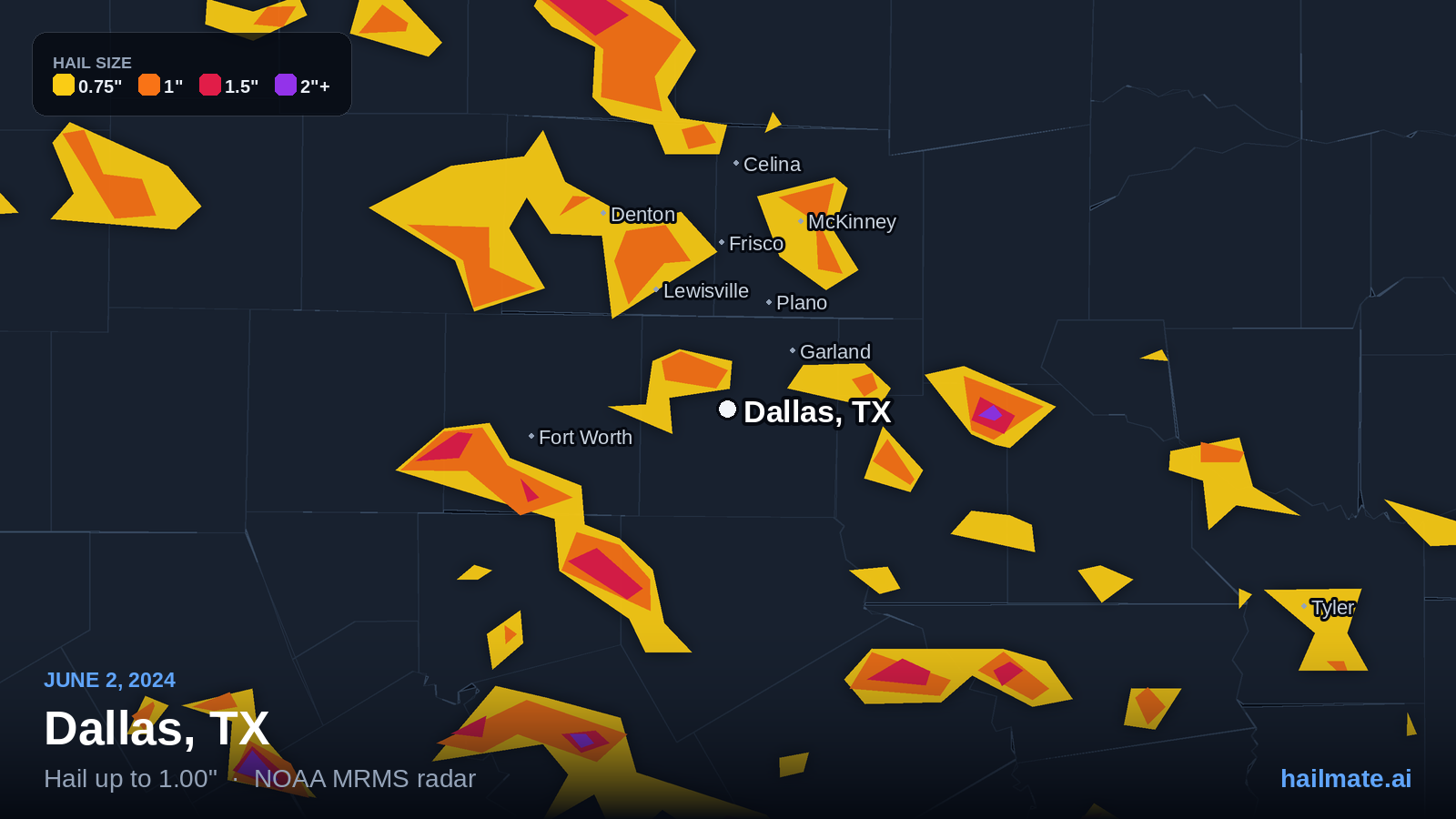 Hail swath map for Dallas, TX on June 2, 2024 showing 1.00 inch hail.