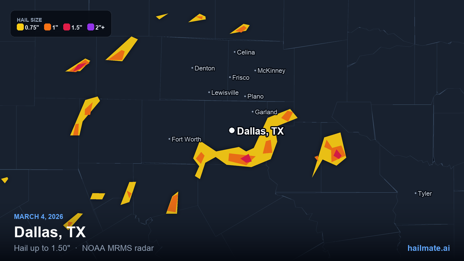 Hail swath map for Dallas, TX on March 4, 2026 showing 1.50 inch hail.