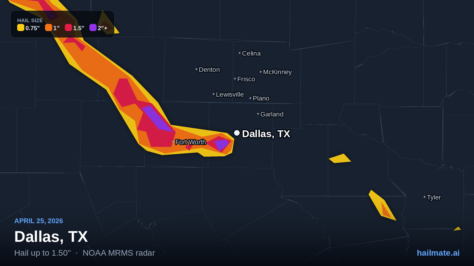 Hail swath map for Dallas, TX on April 25, 2026 showing 1.50 inch hail.