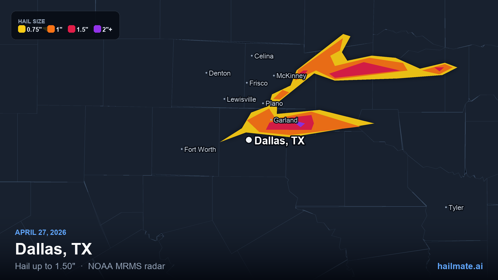 Hail swath map for Dallas, TX on April 27, 2026 showing 1.50 inch hail.