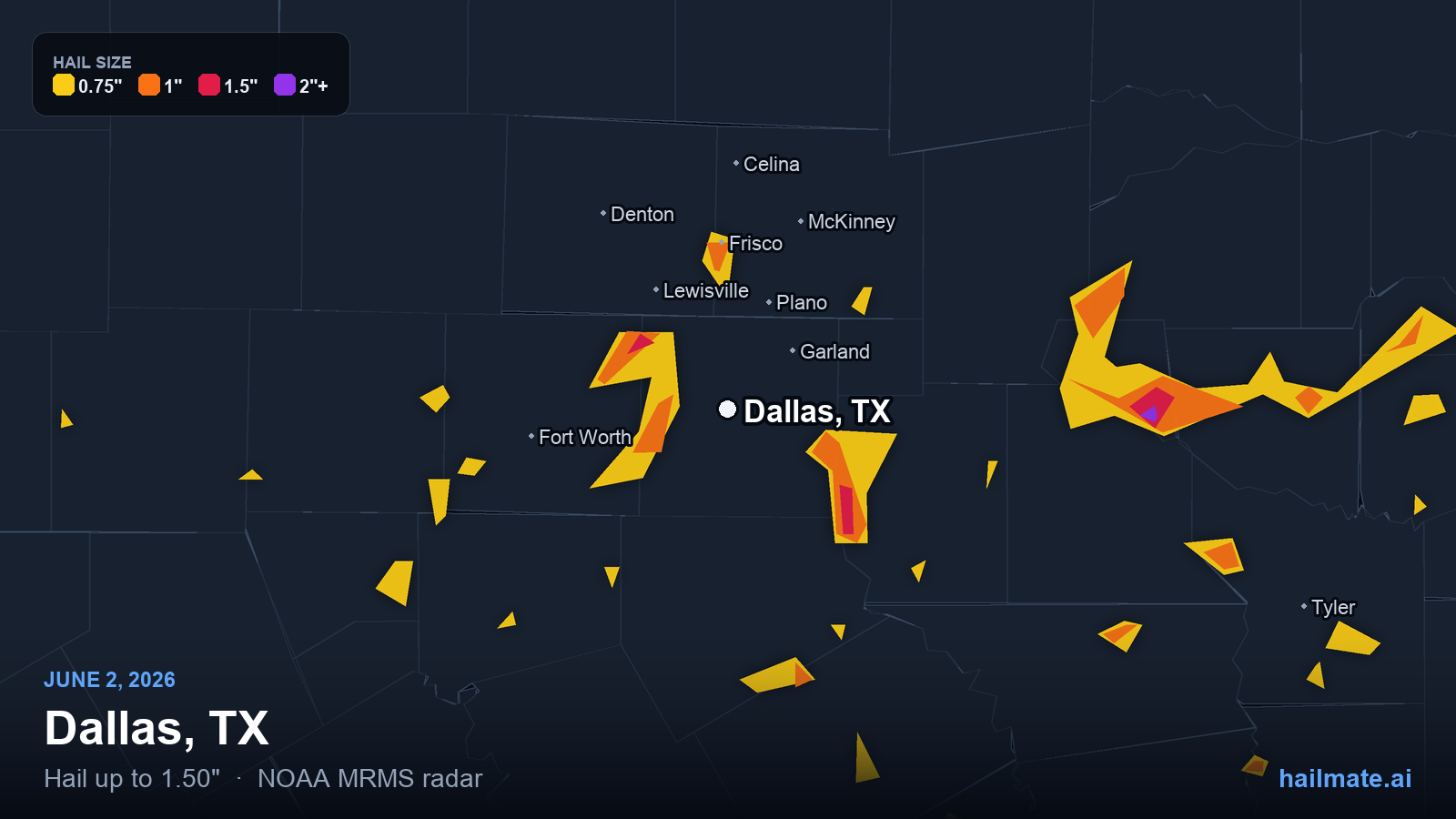 Hail swath map for Dallas, TX on June 2, 2026 showing 1.50 inch hail.
