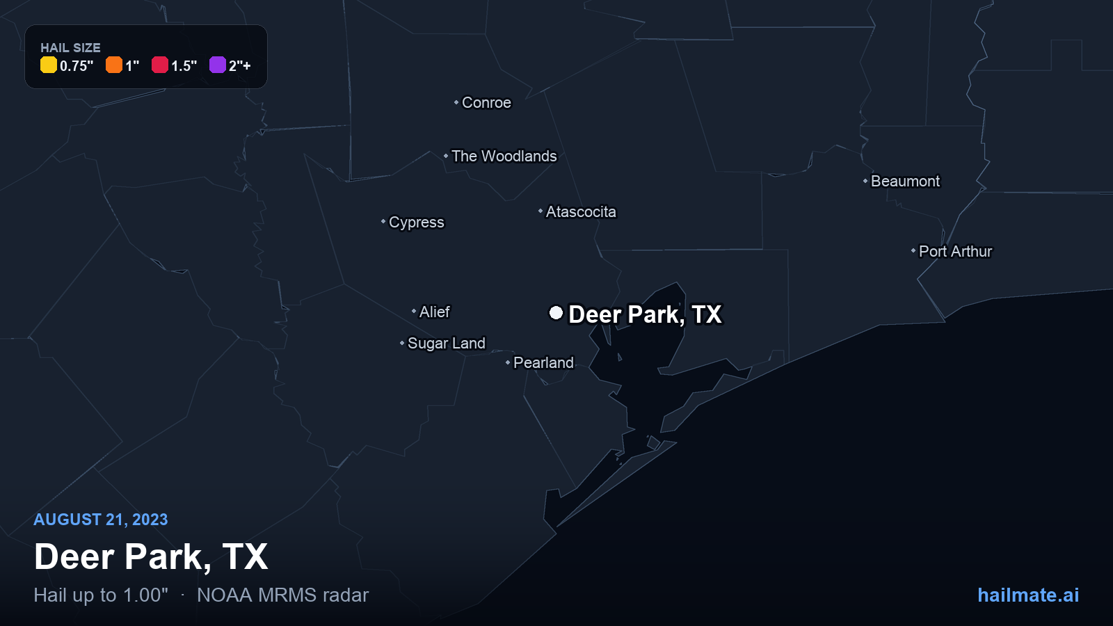 Hail swath map for Deer Park, TX on August 21, 2023 showing 1.00 inch hail.