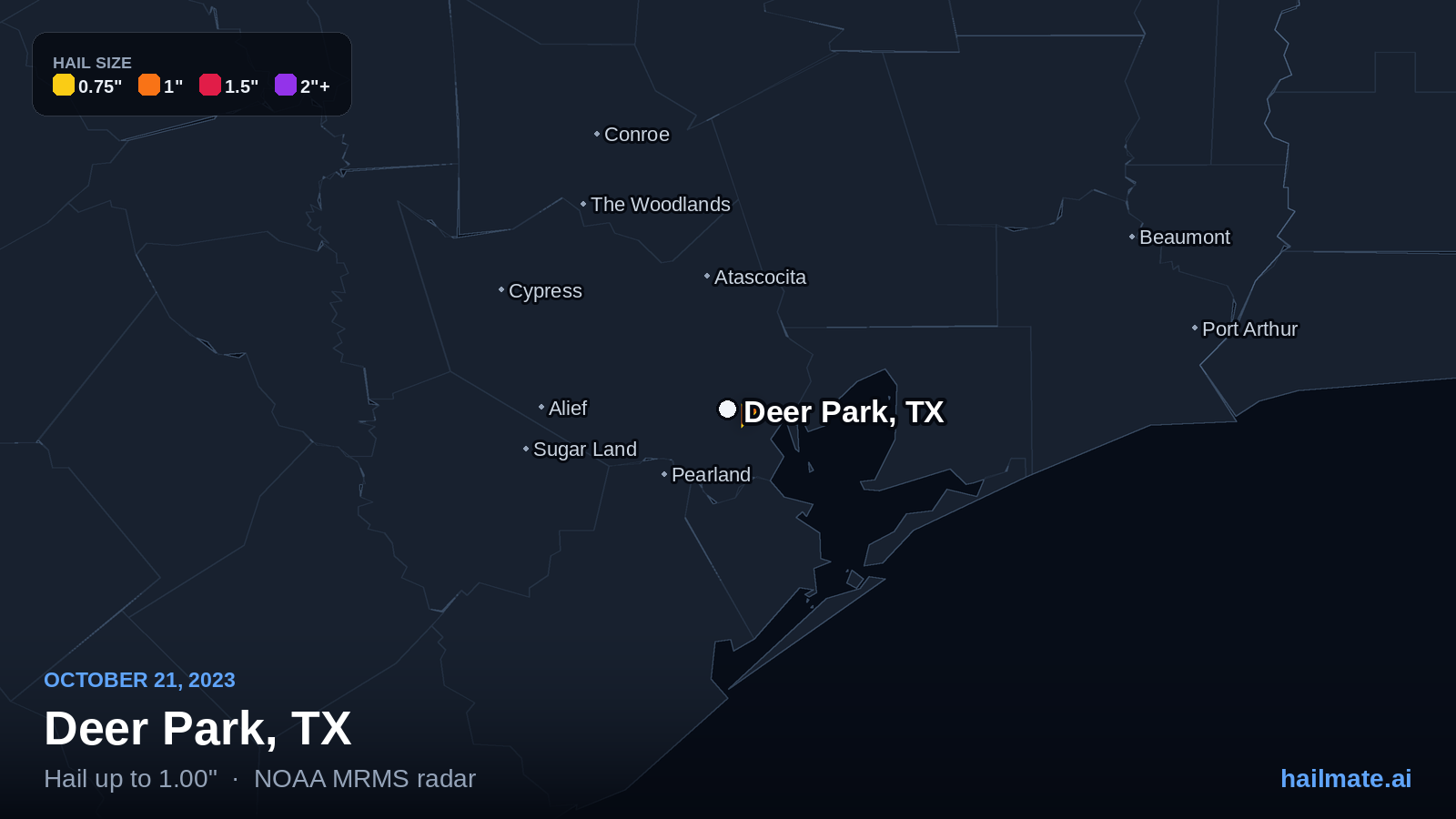 Hail swath map for Deer Park, TX on October 21, 2023 showing 1.00 inch hail.