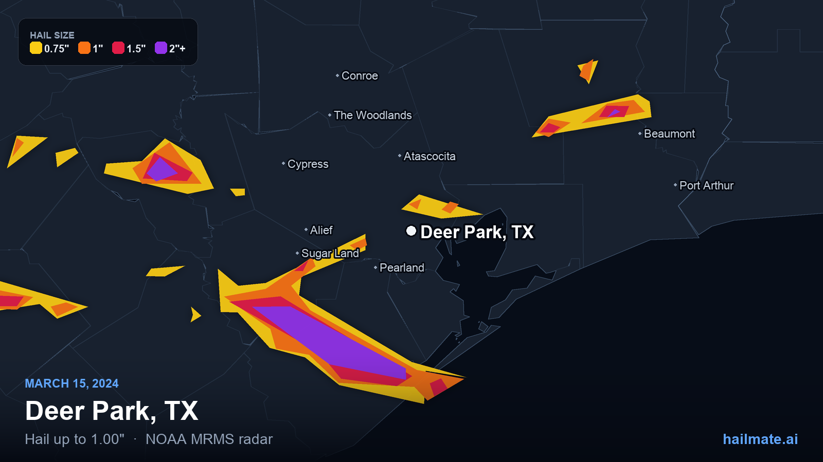 Hail swath map for Deer Park, TX on March 15, 2024 showing 1.00 inch hail.