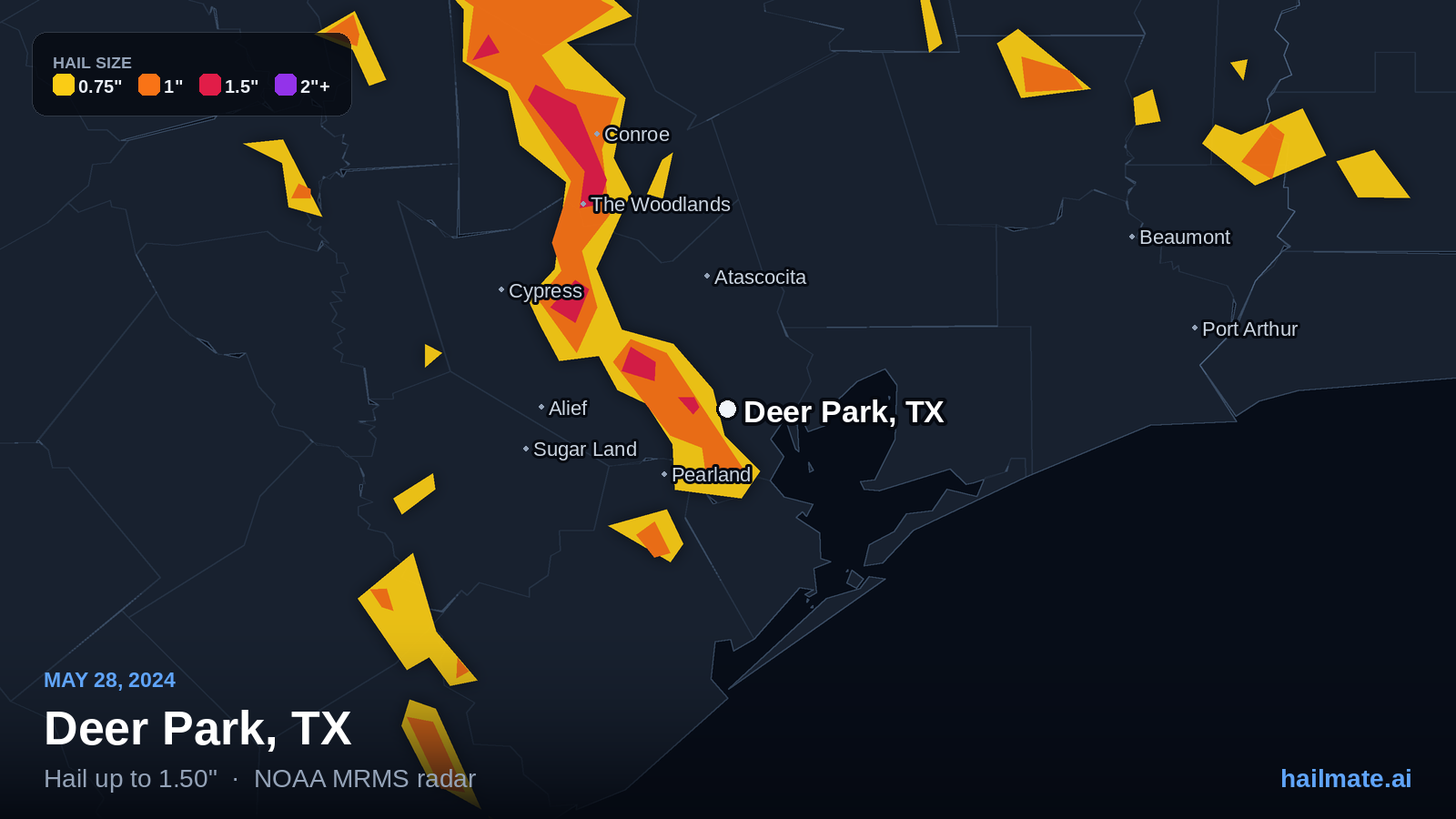 Hail swath map for Deer Park, TX on May 28, 2024 showing 1.50 inch hail.