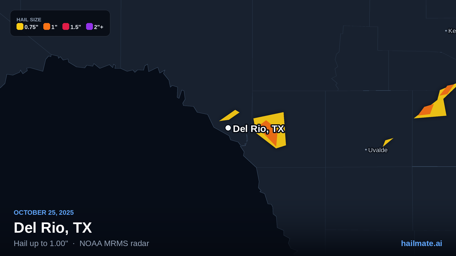 Hail swath map for Del Rio, TX on October 25, 2025 showing 1.00 inch hail.