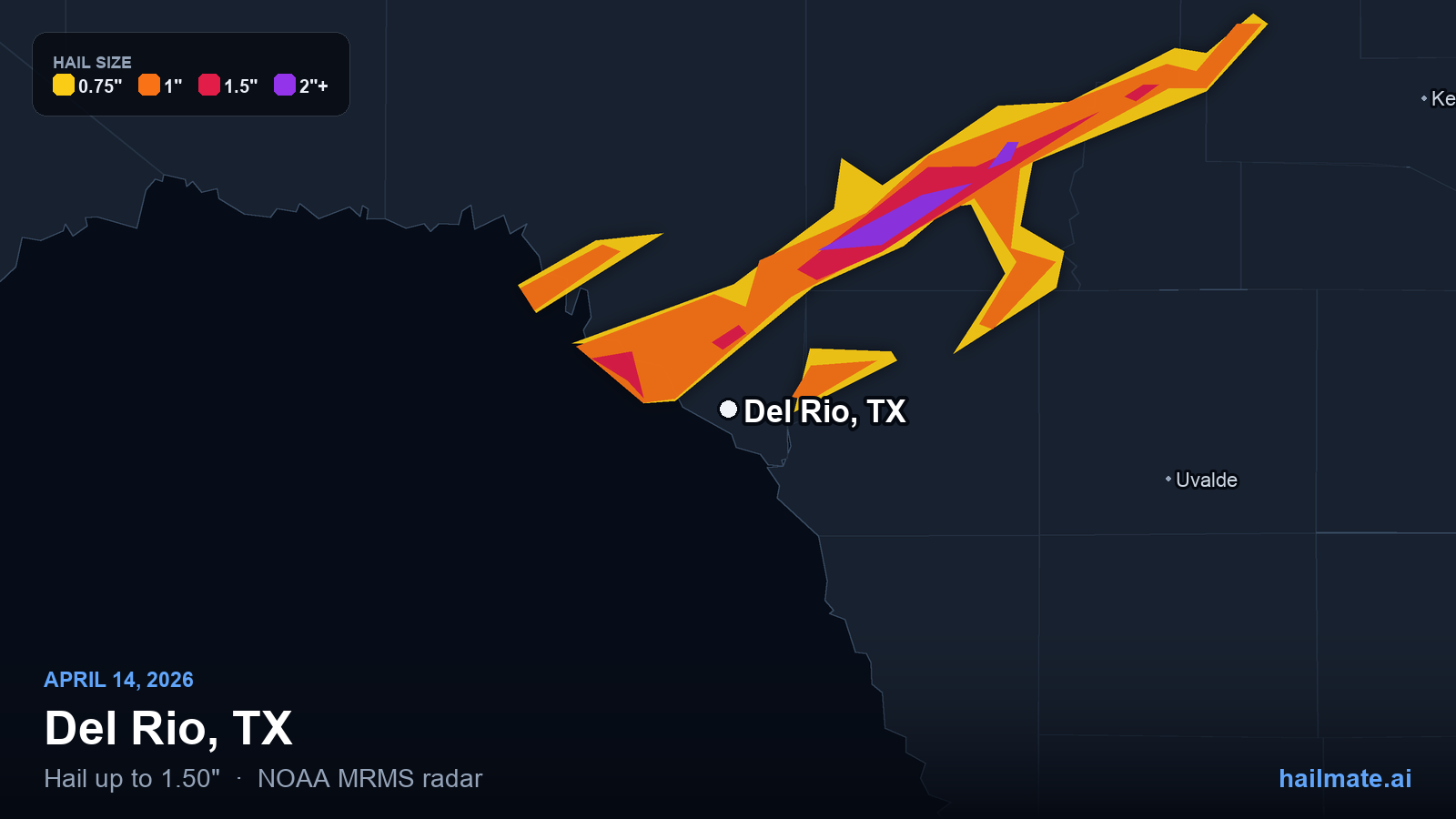 Hail swath map for Del Rio, TX on April 14, 2026 showing 1.50 inch hail.