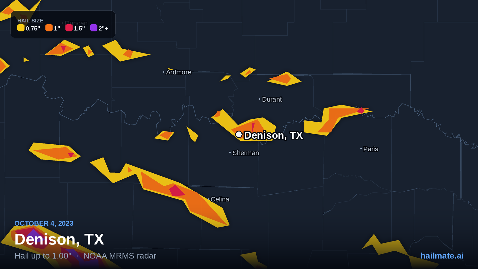 Hail swath map for Denison, TX on October 4, 2023 showing 1.00 inch hail.