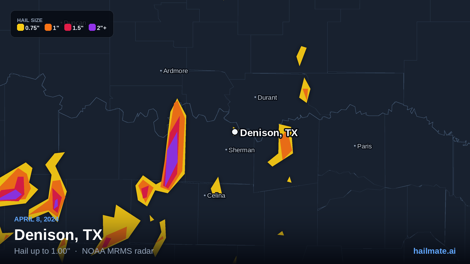 Hail swath map for Denison, TX on April 8, 2024 showing 1.00 inch hail.