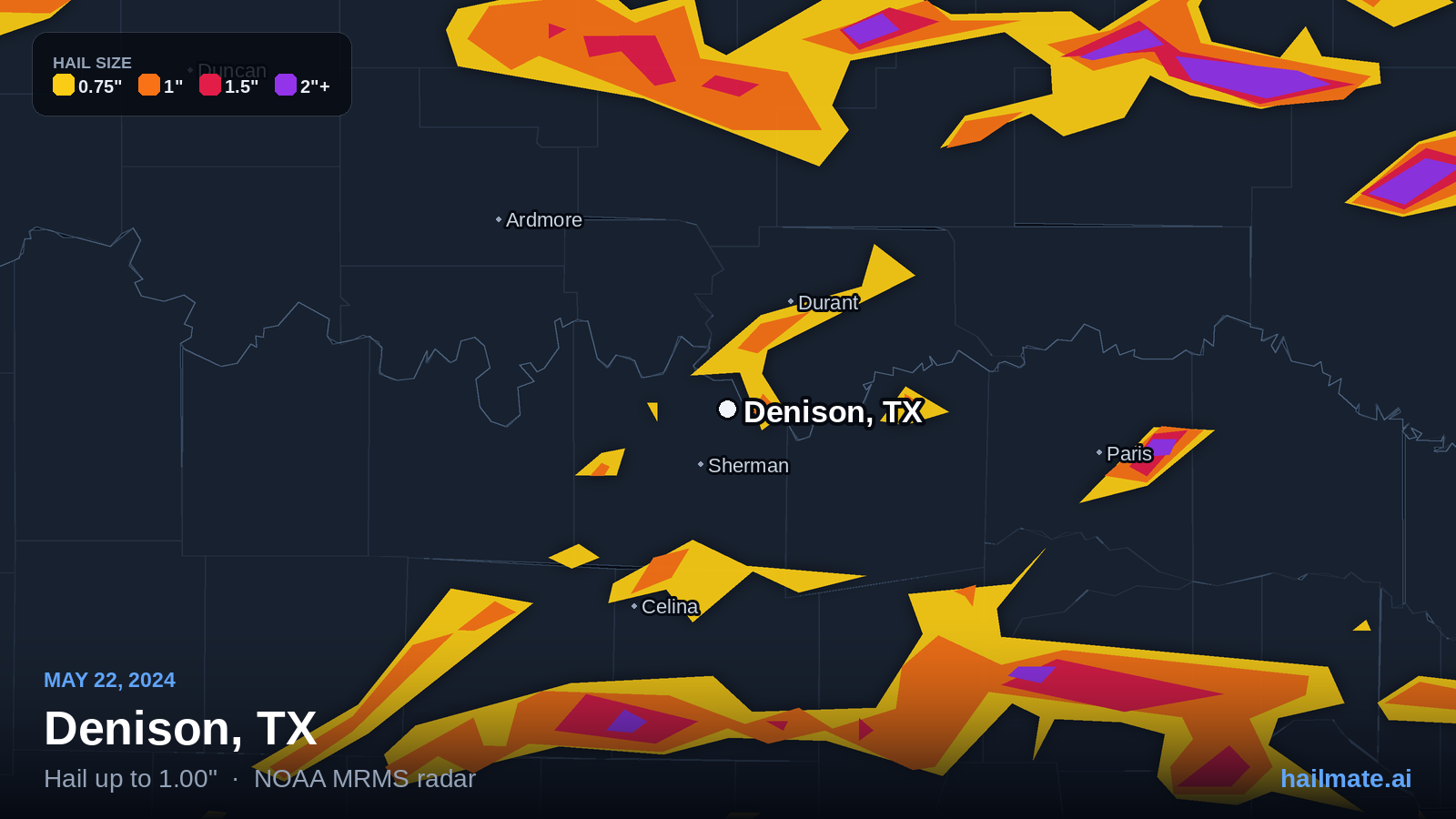 Hail swath map for Denison, TX on May 22, 2024 showing 1.00 inch hail.