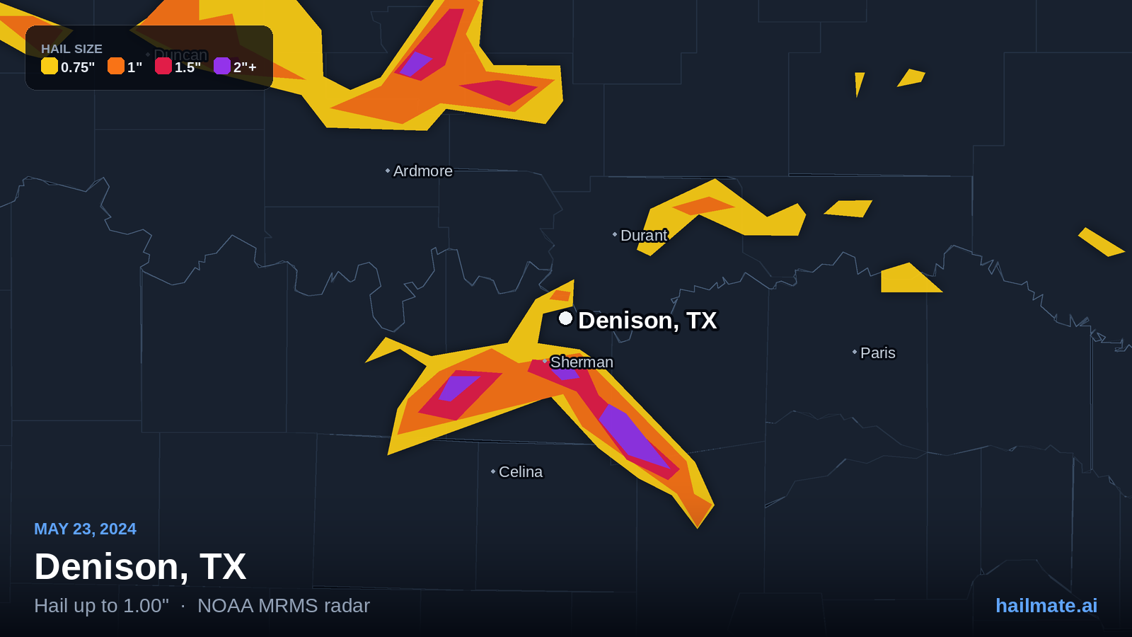 Hail swath map for Denison, TX on May 23, 2024 showing 1.00 inch hail.