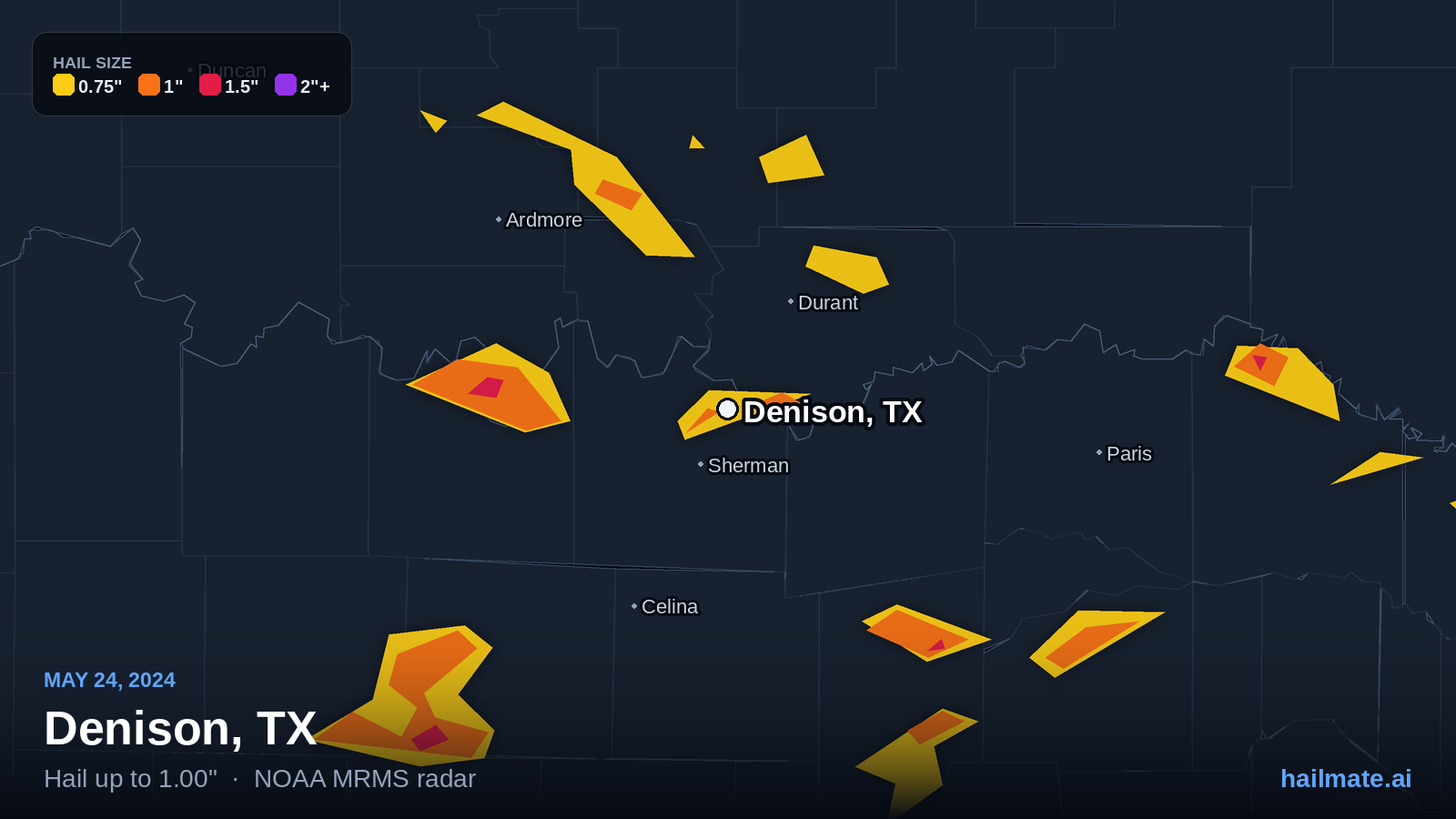 Hail swath map for Denison, TX on May 24, 2024 showing 1.00 inch hail.