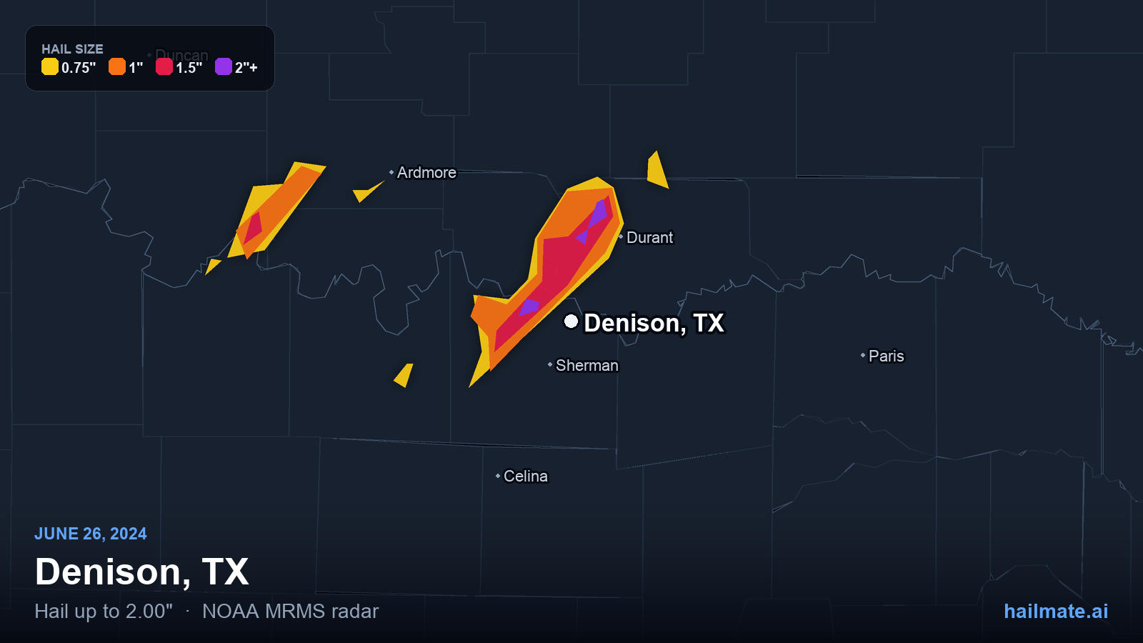 Hail swath map for Denison, TX on June 26, 2024 showing 2.00 inch hail.