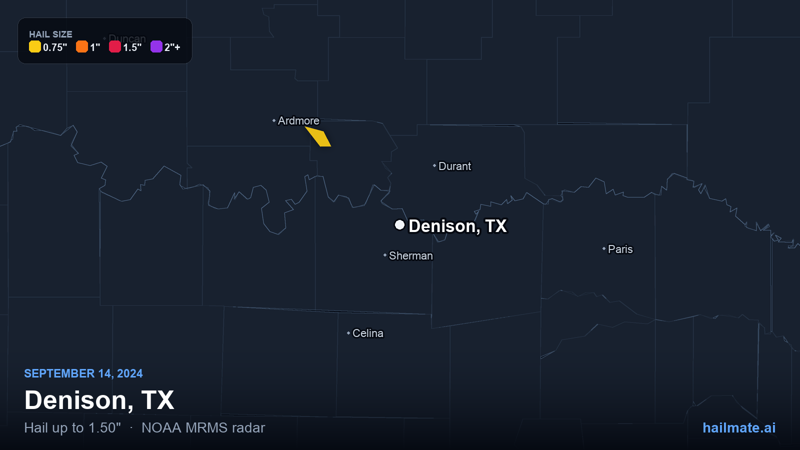 Hail swath map for Denison, TX on September 14, 2024 showing 1.50 inch hail.