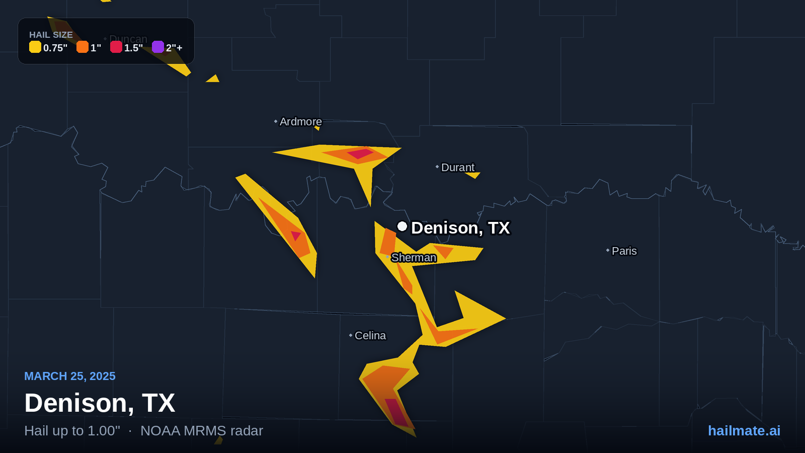 Hail swath map for Denison, TX on March 25, 2025 showing 1.00 inch hail.