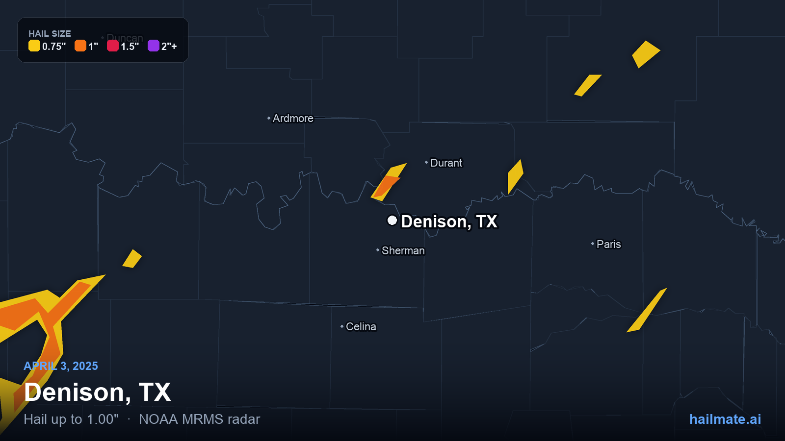 Hail swath map for Denison, TX on April 3, 2025 showing 1.00 inch hail.