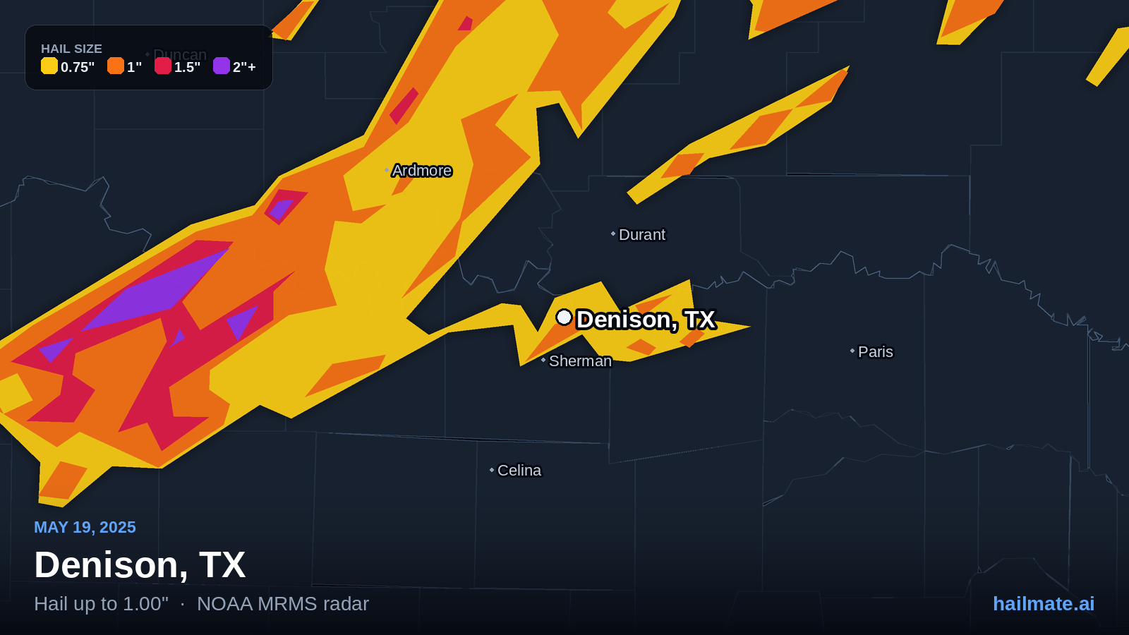 Hail swath map for Denison, TX on May 19, 2025 showing 1.00 inch hail.